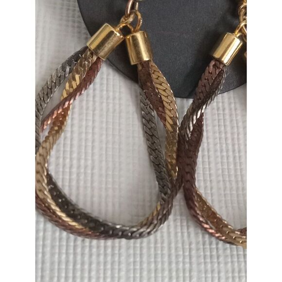 Gold Silver and Bronze Toned Interlocked Metal Herringbone Chain Drop Earrings - Picture 4 of 9